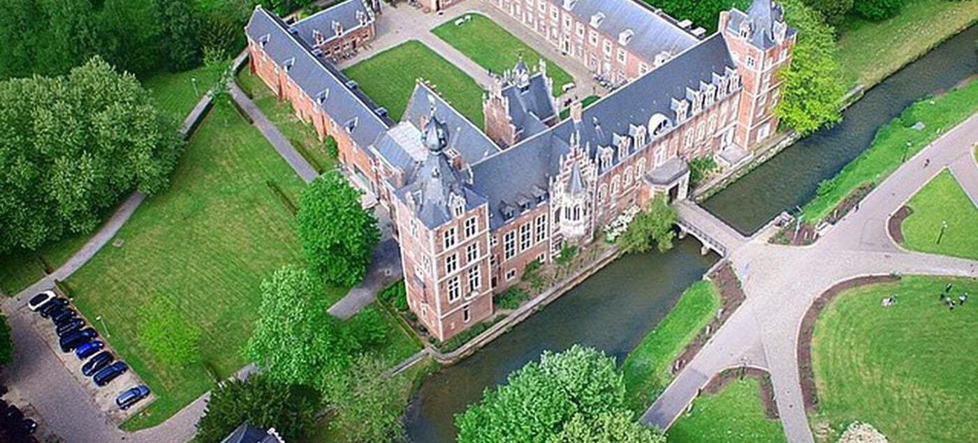 Bird's eye view of the Arenbergcastle in Heverlee (near Leuven) with in the back the Porter's Lodge, built work environment of Research[x]Design